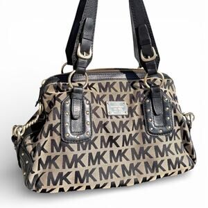 Michael Kors 2010 Signature MK Canvas Studded Shoulder Bag Black and Beige